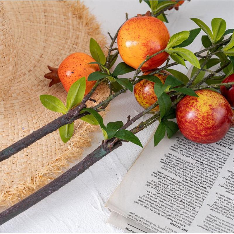 3pcs Artificial Pomegranate Stems with Leaves, Faux Fruit Branches for Rustic Home Decor, Fall Centerpieces, Wedding & Holiday Arrangements,73cm