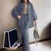 Yousheng 2 Pcs/Set Women Shirt Pants Set Turn-down Collar Single-breasted Long Sleeves Loose Top Elastic Waist Wide Leg Trousers Sport Tracksuit