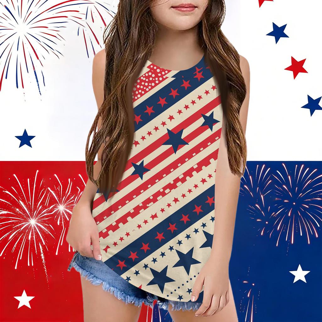Girls  Kids Summer Crewneck Sleeveless Shirts Tank Tops Independence Day