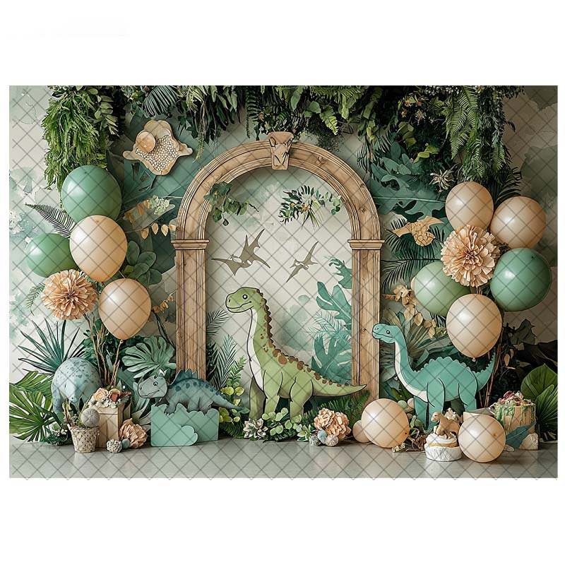 Dinosaur Theme Backdrop Photography Tropical Forest Arch Balloon Decor Birthday Cake Smash Kids Portrait Photo Background Studio