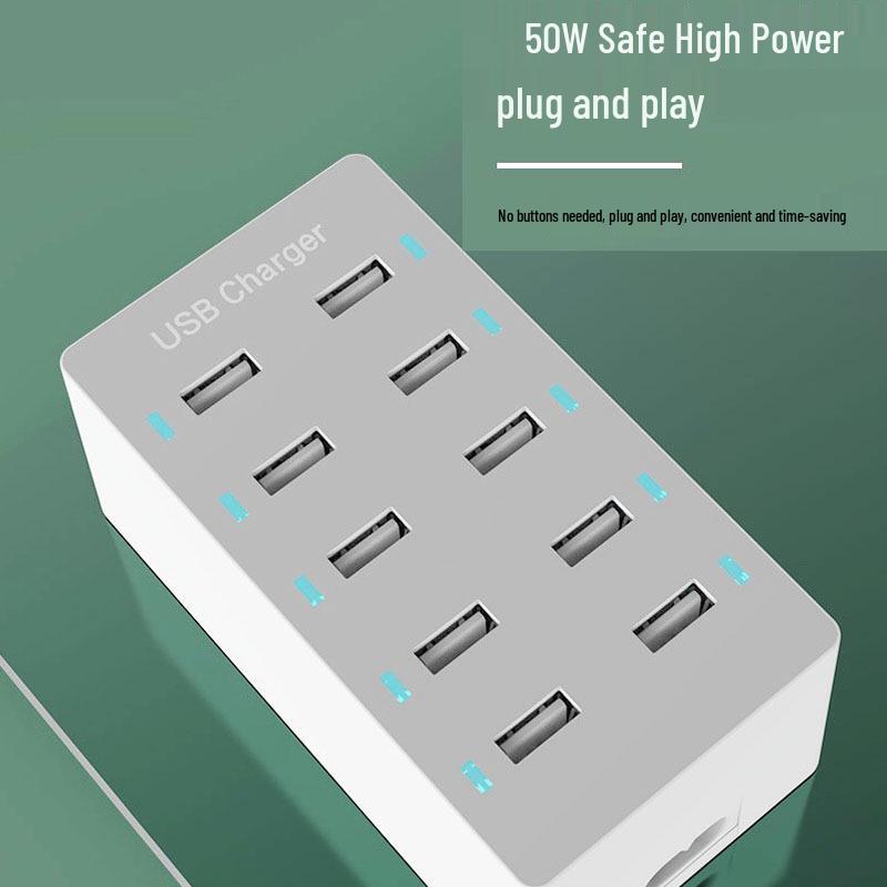 

50W Multi-Port Power Strip: 10 USB Charger for Mobile Phones with US, EU, and UK Plugs US Plug (Blue & Black)