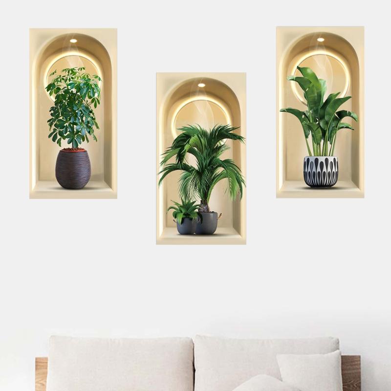 3D Aquarell Pflanzen Wandsticker Topfpflanzen Dekor Selbstklebende Rankenblätter Für Wohnzimmer Schlafzimmer Wanddeko