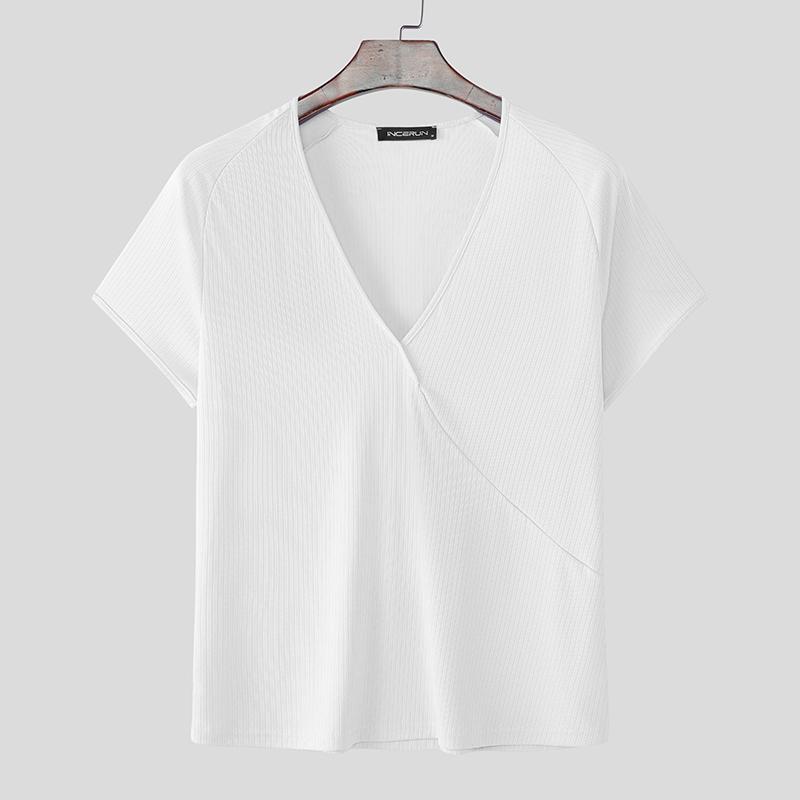 

INCERUN Летние мужские футболки с V-образным вырезом, с коротким рукавом, повседневные, облегающие, в рубчик, базовые L
