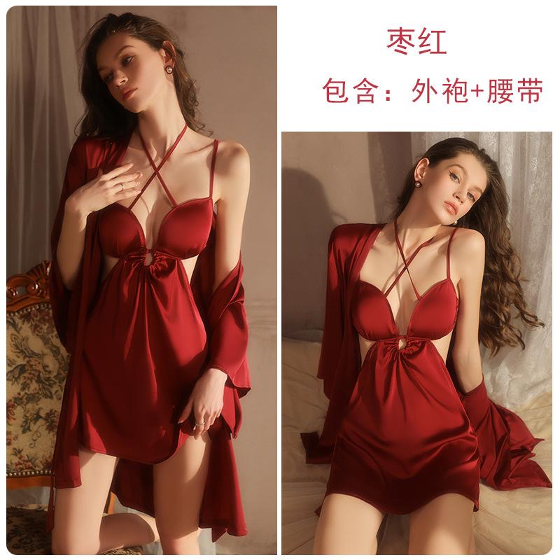 Women's Satin Halter Deep V Padded Backless Sleep Dress with Robe Lounge Set