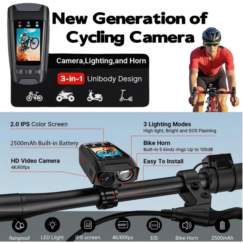 3 In 1 Rechargeable Bike Camera - 4K EIS Bicycle Video Recorder with Mount,Vlogging Cameras with Bike Light & Electric Horn for Mountain, E-Bike