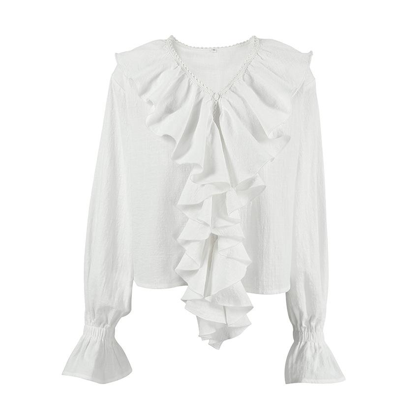 French V-neck ruffle top 1116 spring and summer inner cover pure cotton lace women's shirt design sense