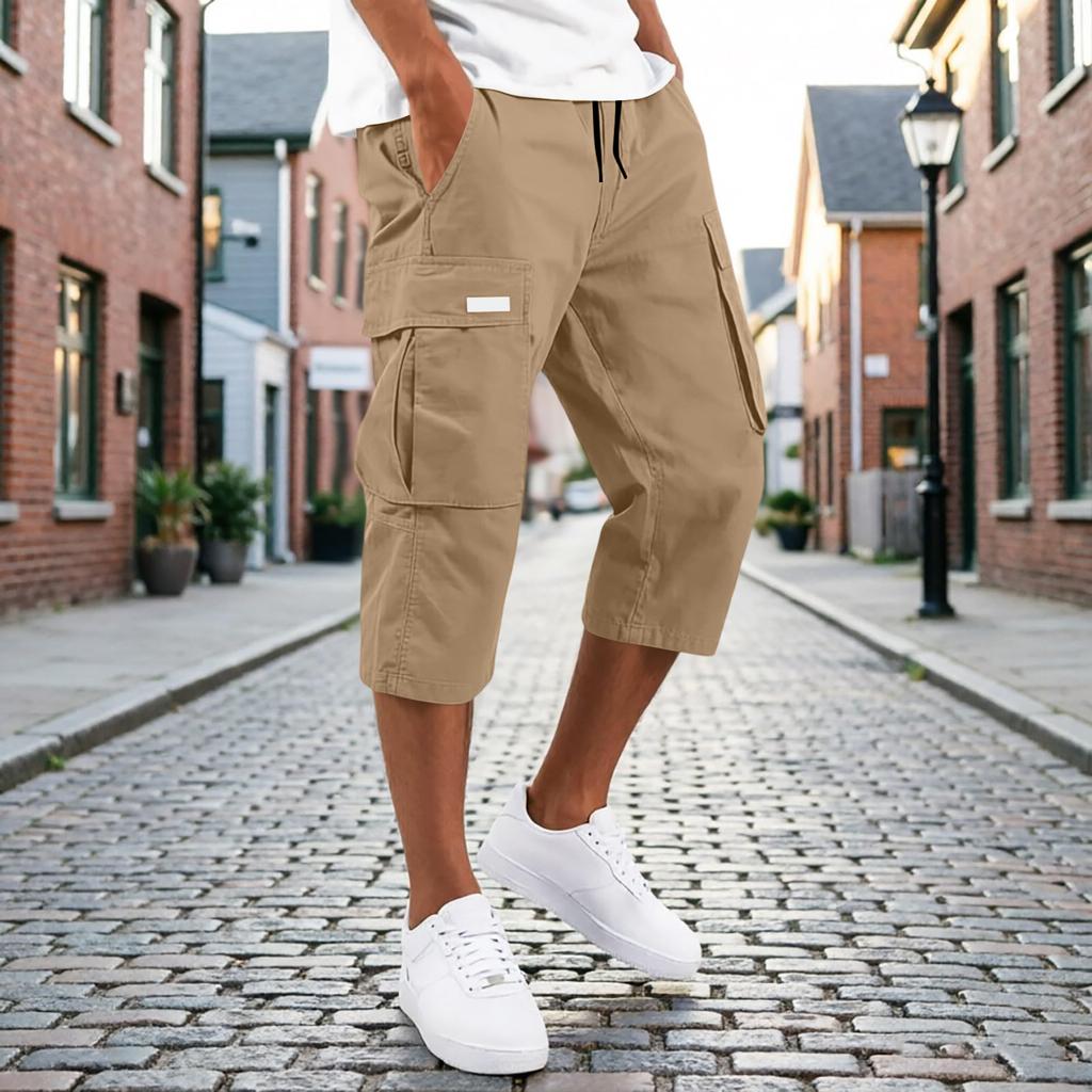 Men’s Drawstring Waist Multi Pocket Cargo Capri Pants Relaxed Fit Seven Quarter Length Casual Trousers for Everyday Wear