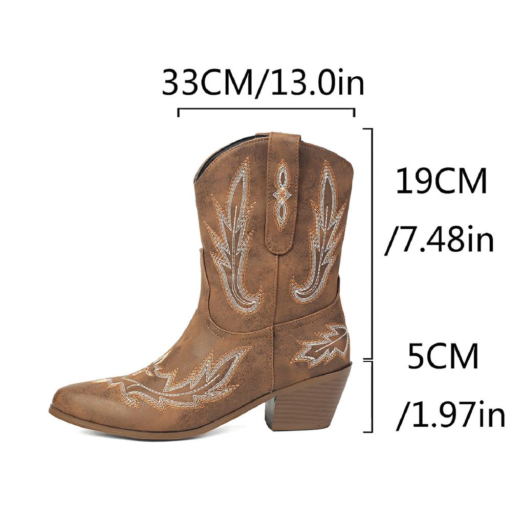 Cowboystiefel Damen Stickerei Western Cowgirl Stiefeletten Knöchel Schlupf Chunky Heel Schuhe für Country Konzert Disco Outfits