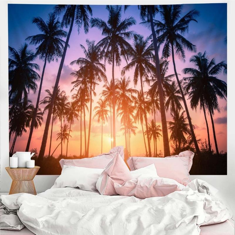 Tropical Beach Tapestry, Sunset Beach Ocean Palm Tree Fantasy Twilight Summer Art Tapestries For Bedroom, Seaside Landscape Art 70x100CM