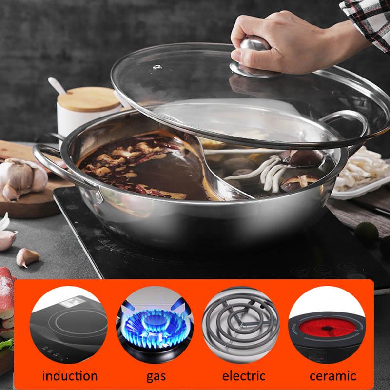 Chinese Hot Pot with Lid Thicken Stainless Steel 2 In 1 Divided Hotpot Kitchen Cooking Pan with Cover Gas Stove Induction Cooker