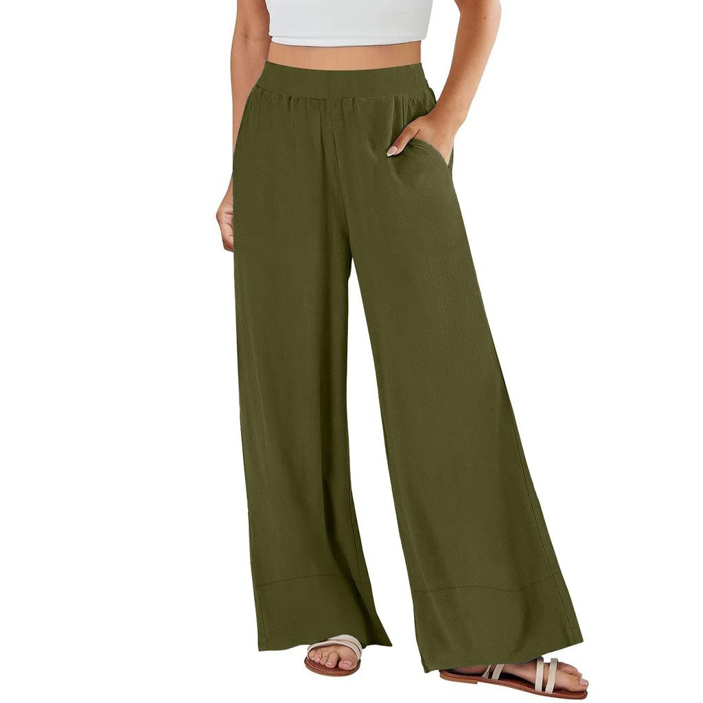 Women's Loose High-waisted Cotton And Linen Solid Color Straight-leg Flared Pocket Wide-leg Pants