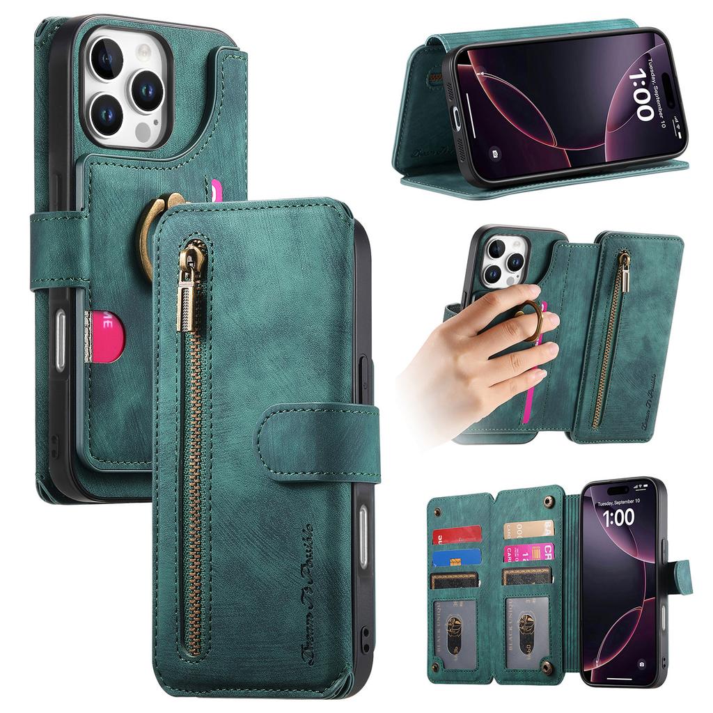 Luxury Zipper Cards Solt Wallet Leather Flip Case For iPhone 16 Pro Max 15 Plus 14 13 12 11 Ring Holder Purse Bag Cover Fundas