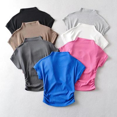 YPFF Trendiges Damen Slim-Fit Mock-Neck Gerafftes Cropped T-Shirt