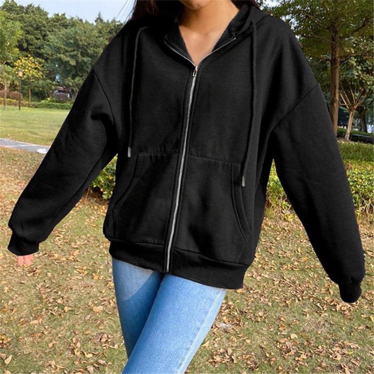 Women's Solid Color Fleece Zipper Jacket Loose Fit Long Sleeve Hooded Sweatshirt