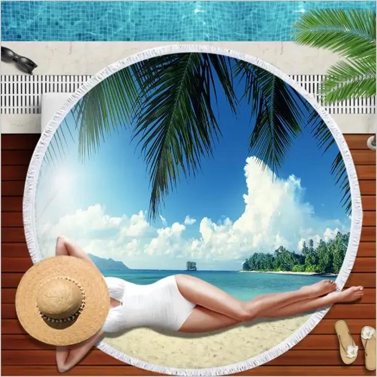 Summer Round Beach Towel Flamingo Tropical Plant With Drawstring Backpack Bag Bath Shower Towels Bikini Cover Up Pool Towel