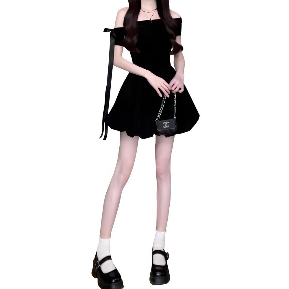 One-word shoulder off-the-shoulder black dress women's summer casual new beautiful puffy bud skirt