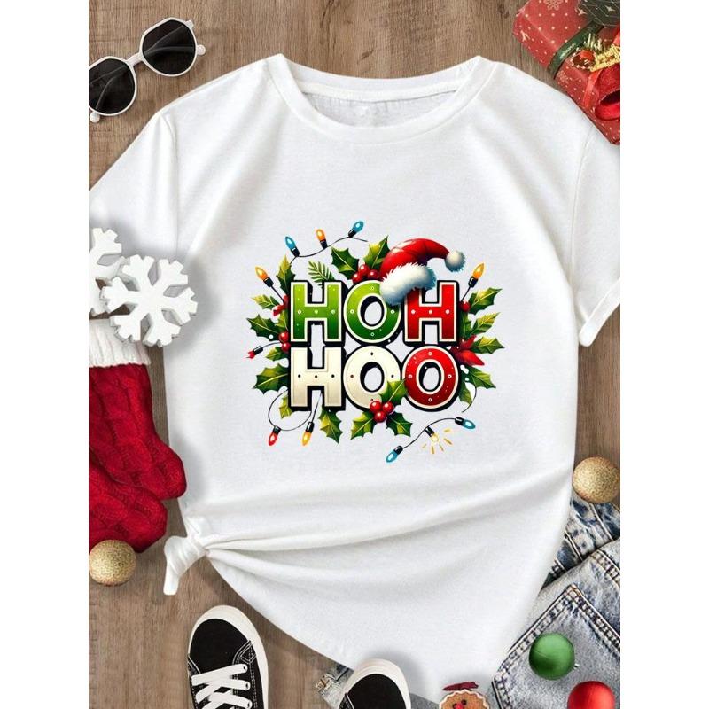 (European Size) Merry Christmas Tee New Year Holiday Top Festival Casual Tree Style Cute Women Print Lady Short Sleeve Fashion Graphic T-shirts