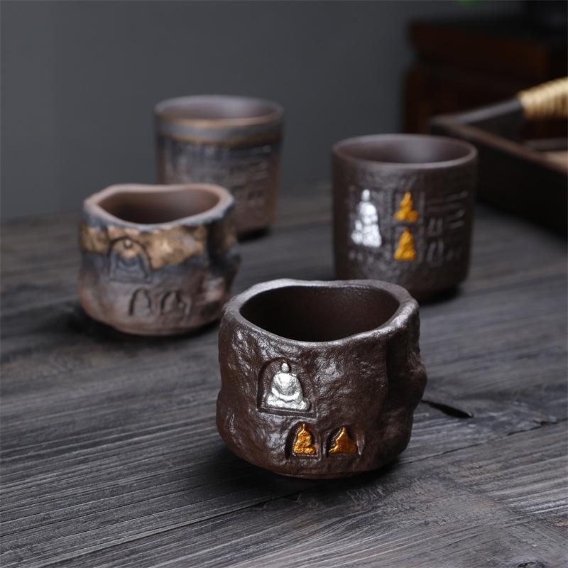 Retro Gilt Rust Dunhuang Ceramics Master Cup Coarse Pottery Ancient Burnt Teacup Drinking Tea Cup Kung Fu Tea Set