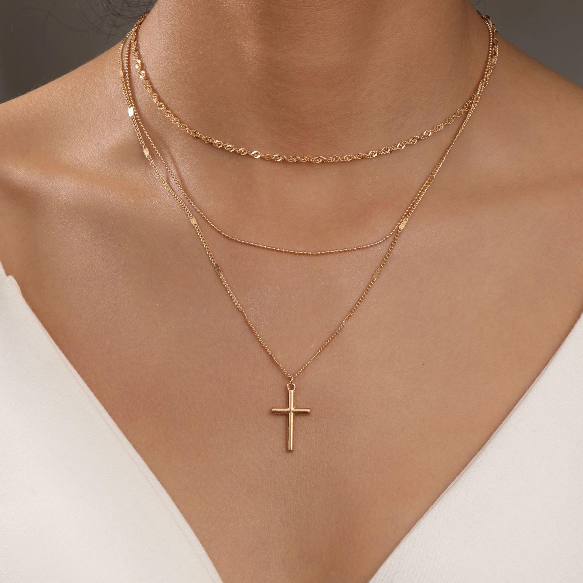 New fashion simple cross pendant multi-layer stacked necklace personalized collarbone chain necklace золотой