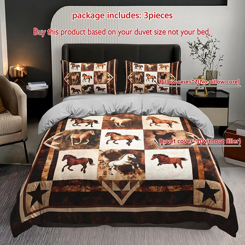 

Комплект постельного белья 3 предмета Коричневая лошадь Ранчо Комплект пододеяльника Западная лошадь Постельное белье Комплект одеяла Рустик Тематический комплект одеяла с лошадью Лоскутное одеяло с лошадью Duvet Cover Set&EU Single(135x200cm)