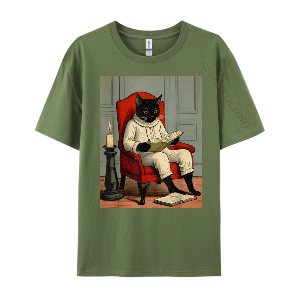 Funny Black Cat Reading A Book Fall Clothes Aesthetic Men's T-Shirts Loose