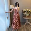 Women's Elegant French Floral Pleated Strappy Dress - Summer High Waist A-line Long Skirt