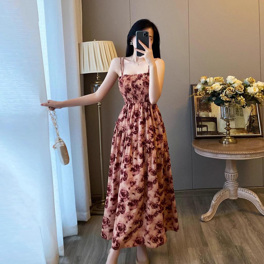 Women's Elegant French Floral Pleated Strappy Dress - Summer High Waist A-line Long Skirt