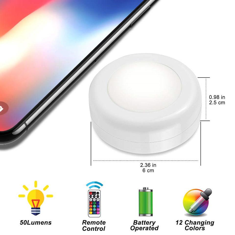 Battery Powered RGB Night Light Led Under Cabinet Lamp Puck Lights with Remote For Home Wardrobe Kitchen Display Case Decoration