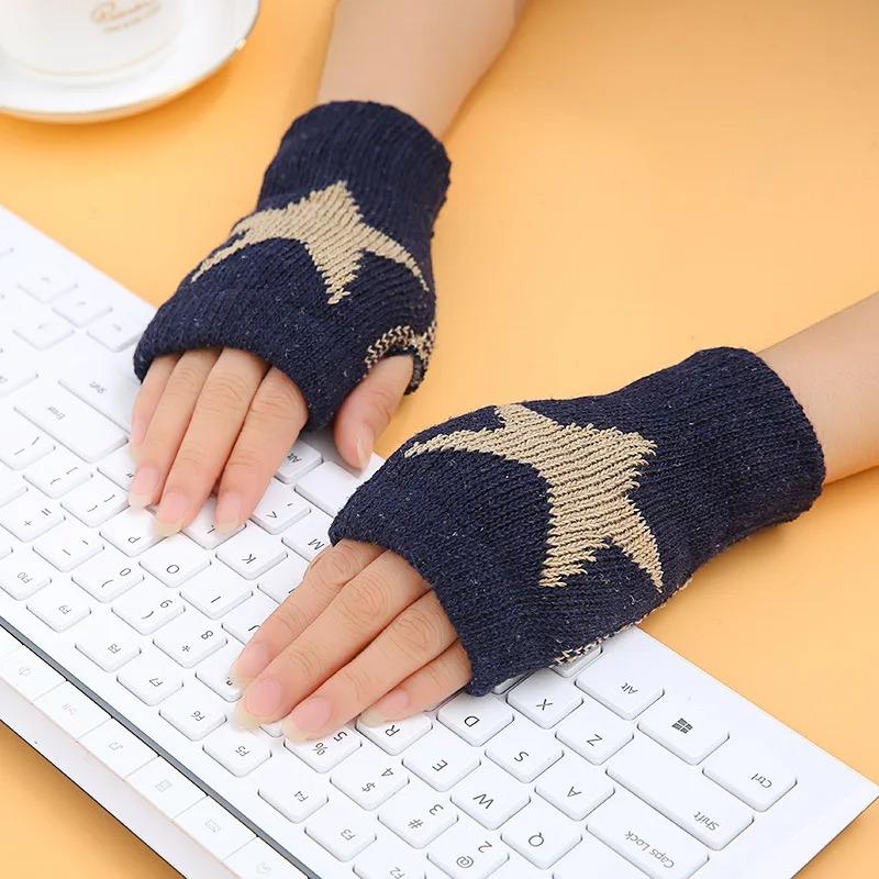 Korean Y2K Star Knitted Gloves Women Girls Fashion Pentagram Fingerless Gloves Winter Soft Hand Warmer Woolen Half Finger Gloves