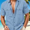 Heren Zomer Linnen Blend Korte Mouw Knopen Voorkant Zak Casual Overhemd