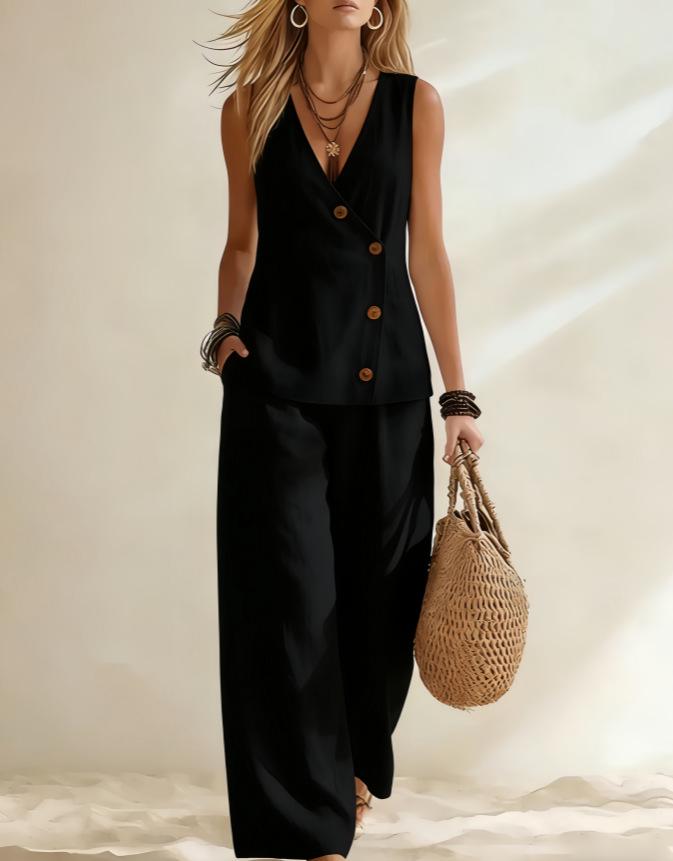 European & American Women's Summer Casual Solid Color Button Vest Cardigan and Long Pants Set - Holiday Style 2026