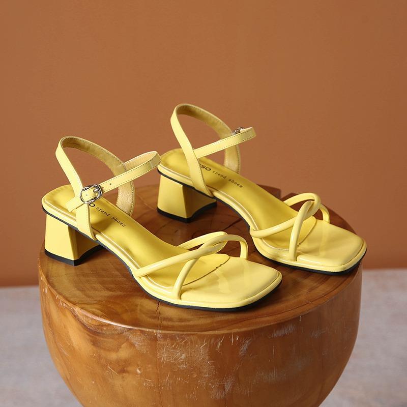 Women's Fashion Sandals Square Toe Open Toe Rough Heel One-line Buckle Shoes Dress Simple Retro Summer Women Sandalias De Mujer