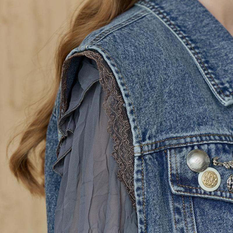 MAXZA Denim Vest With Check And Ruffle Trimming