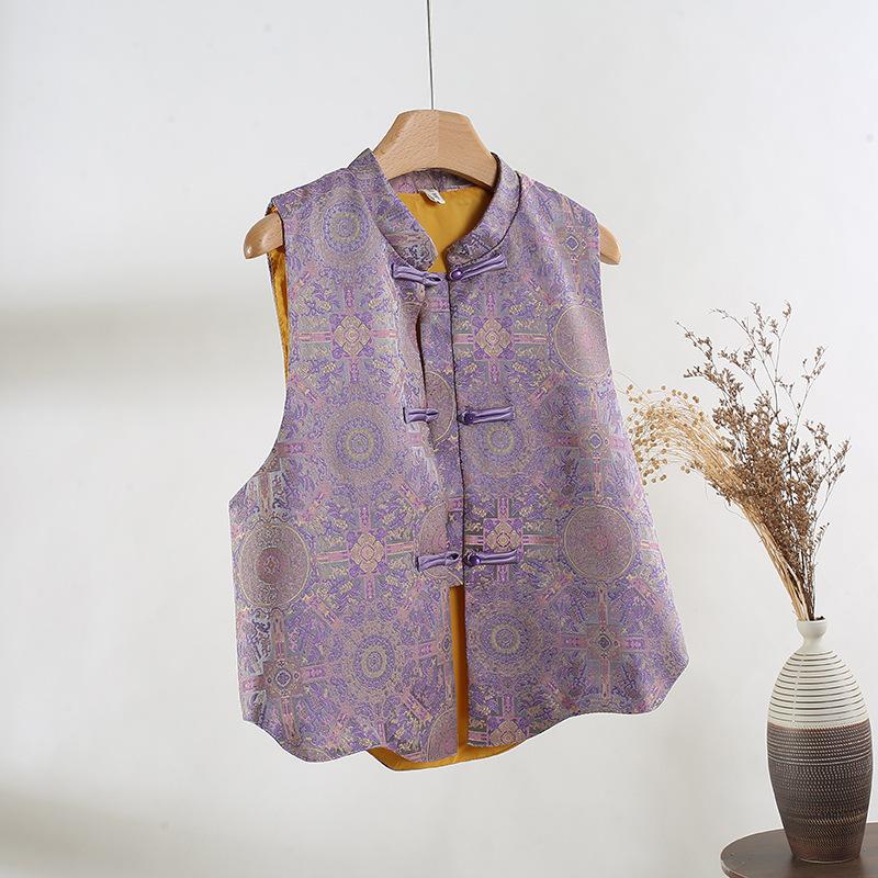Bada Haojing pattern imitation disc buckle stand-up collar clothing fabric star with the same vest women's top satin cloth