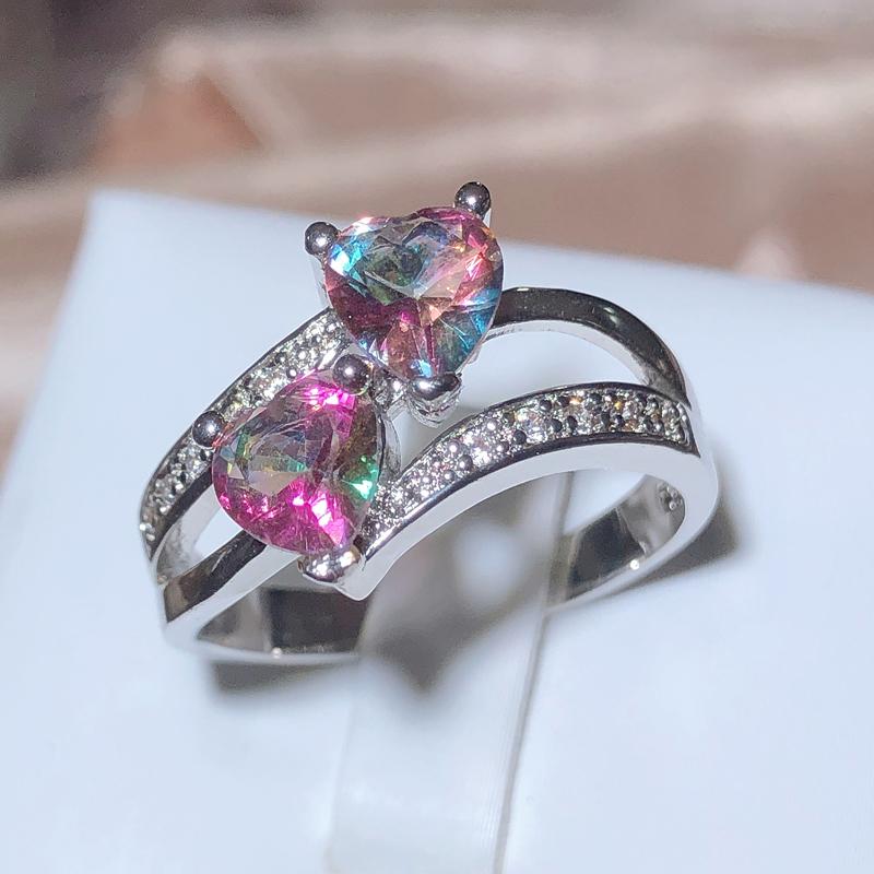 Bague en zircone colorée Double en forme d'amour pour femme, sept couleurs, timbre 925, cadeau de saint-valentin, bijoux de demande en mariage
