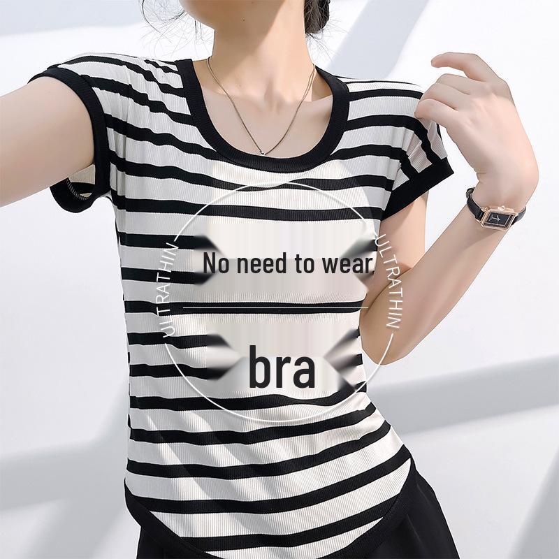 

Women s Summer Tencel Striped Round Neck T-Shirt with Chest Pads, Slimming, Short Sleeve XXL