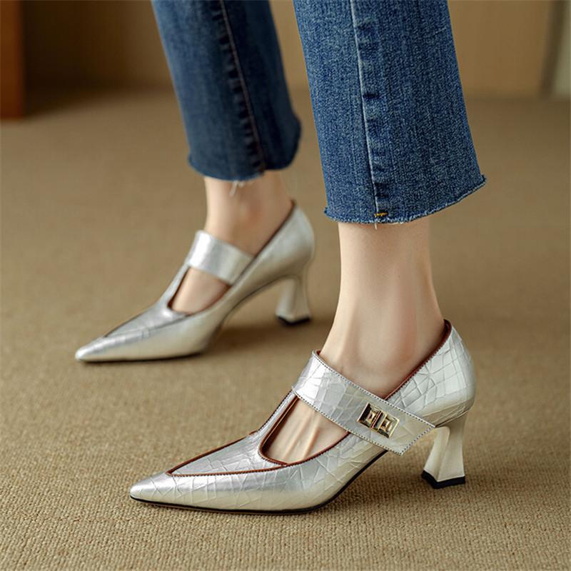 Fashion New Spring Autumn Genuine Leather Women Pumps Shoes for Women Pointed Toe Mary Jane Shoes High Heels Zapatos Mujer Ladies Shoes