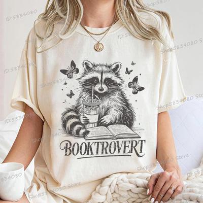 Funny Reading Raccoon Graphic T Shirts Women Booktrovert Essential Classic Tops Casual Book Lover Gift Tee Retro Bookish Clothes