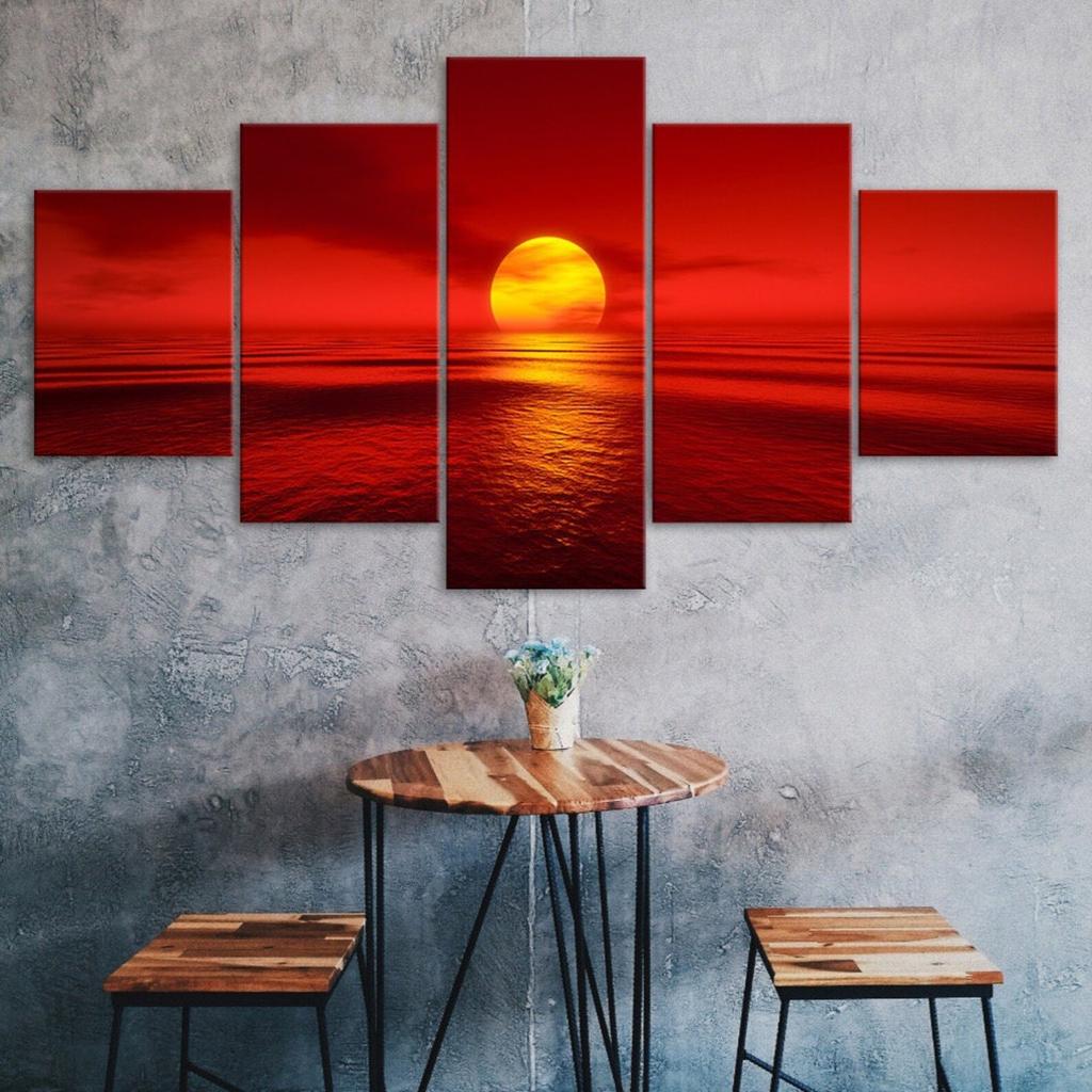 Red Sunset Sea Canvas 5 Piece Five Panel Wall Print Modern Art Poster Picture Home Decor Gift For Him For Her