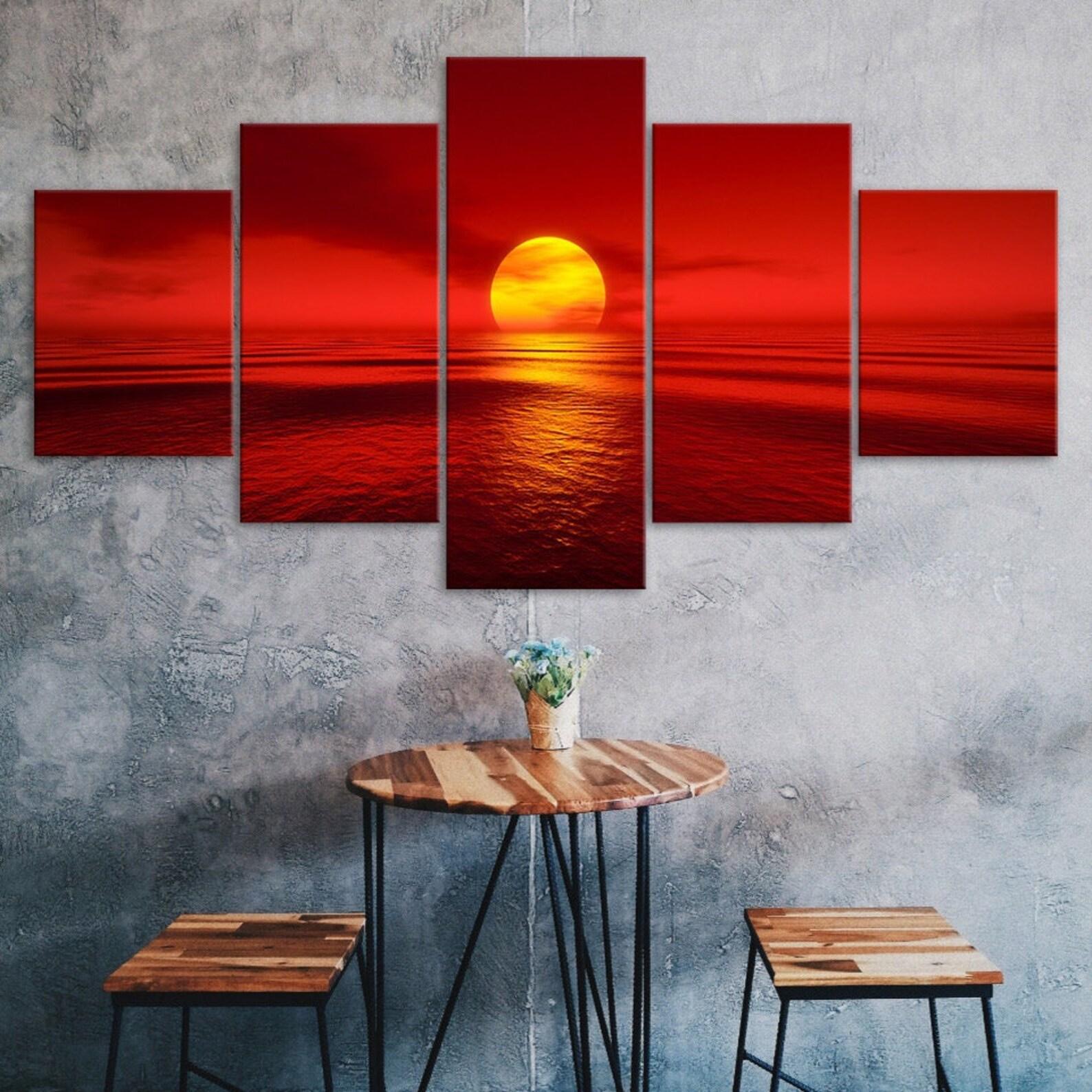 

Red Sunset Sea Canvas 5 Piece Five Panel Wall Print Modern Art Poster Picture Home Decor Gift For Him For Her 20X35 20X45 20X55CM
