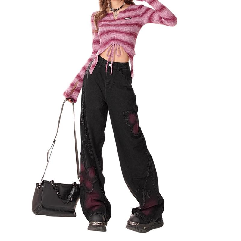 Schwarze Jeans Damen Gewaschen Alt Rohkanten Weiter Bein Hosen Mode Einzigartig Entspannte Weiter Bein Silhouette mit Strapazierfähigem Stoff, All-Match Jeans