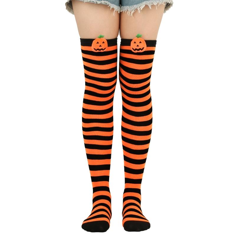 Women Halloween Over Knee Long Socks Cute 3D Wicked Evil Pumpkin Striped Print Thigh High Stockings Holiday Hosiery