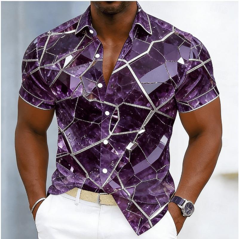 Men's Marble Geometric Line Print Short Sleeve Shirt, Spring Summer Luxury Casual Commute Blouse, Loose Casual Top