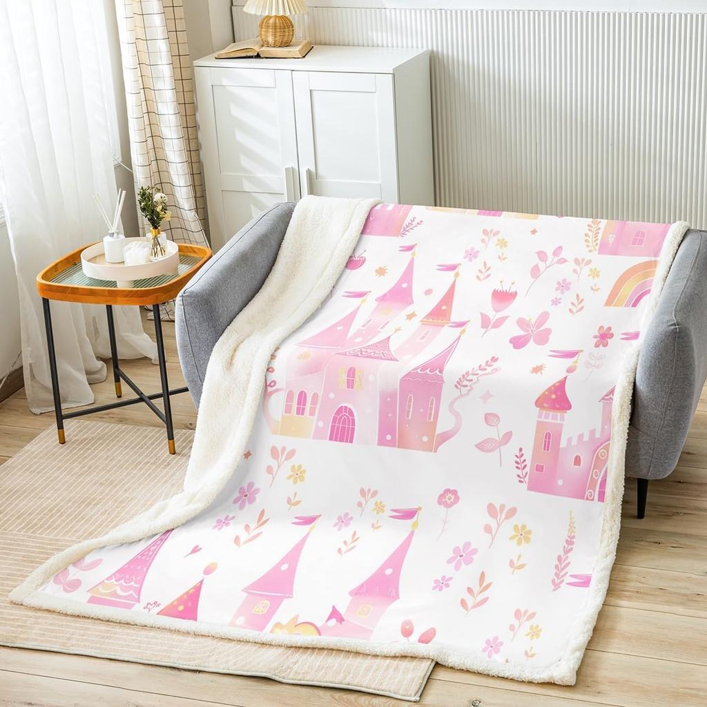 Princess Flannel Blanket All Seasons Dreamy Castle Girl Bed Throw for Kawaii Decor Watercolor Paint Print Purple Blanket for Kid