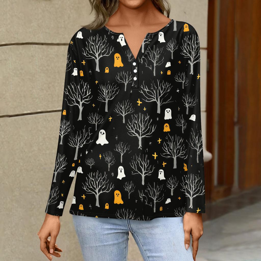 Women's Casual Long Sleeve V-Neck Halloween Print T-Shirt with Decorative Buttons