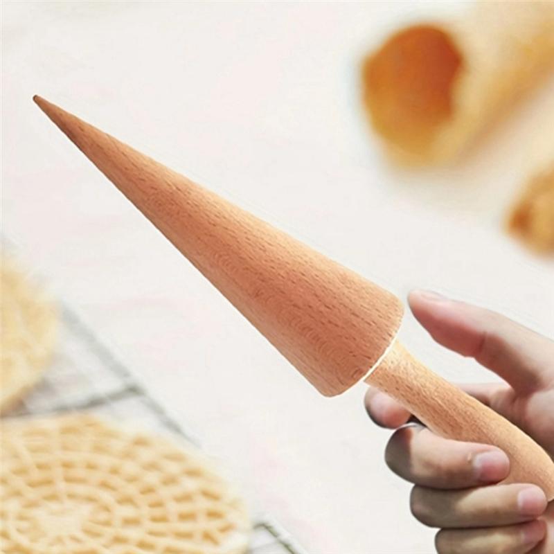 AD23-Ice Cream Waffle Cone Roller, Strong And Smooth Cone Roller, Wooden Pizzelle Cone, Handle Waffle Cone Shaped Tool