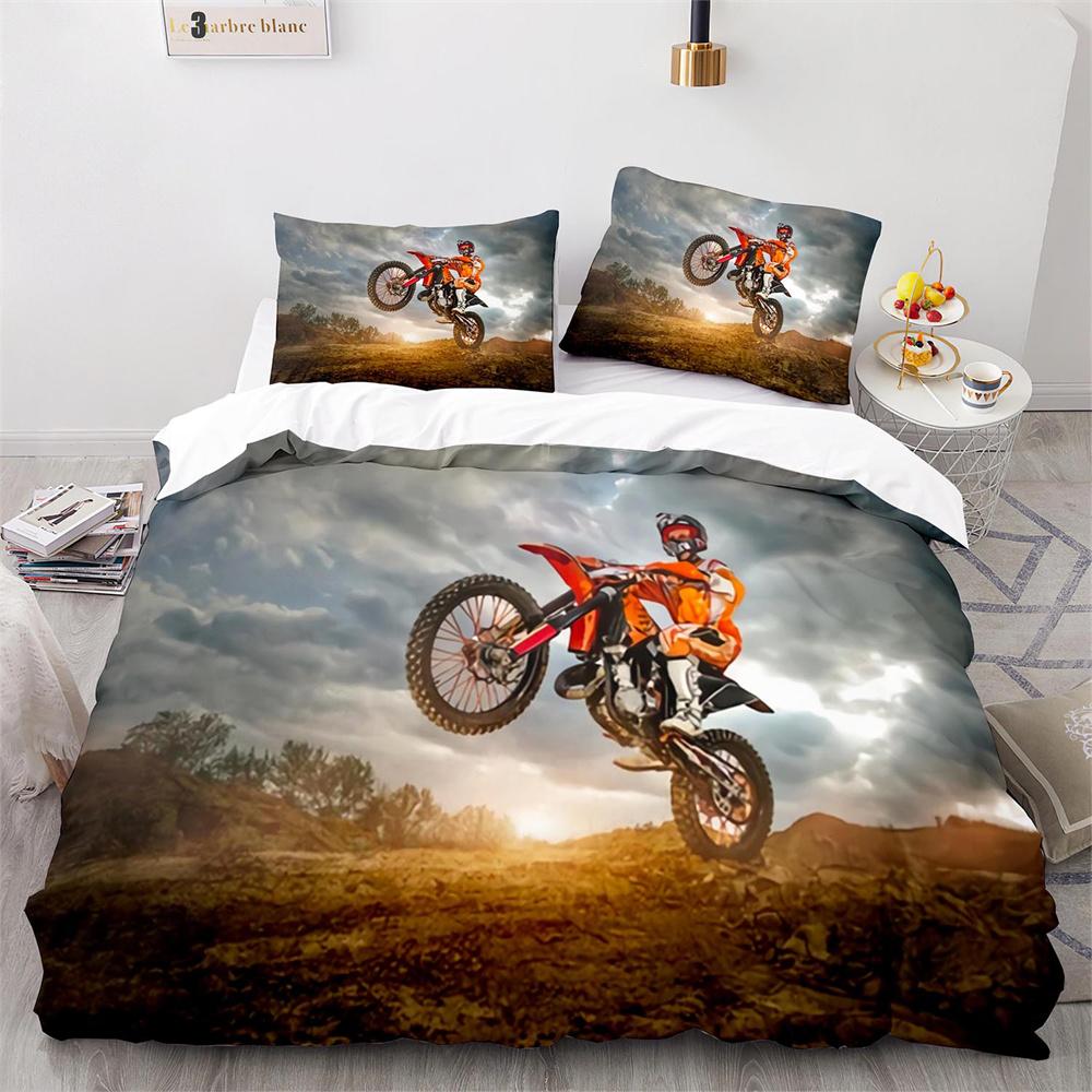 Dirt Bike Duvet Cover Set Motocross Rider Comforter Cover Motorcycle Extreme Sport Game Polyester Bedding Set For Kid Boys Teens
