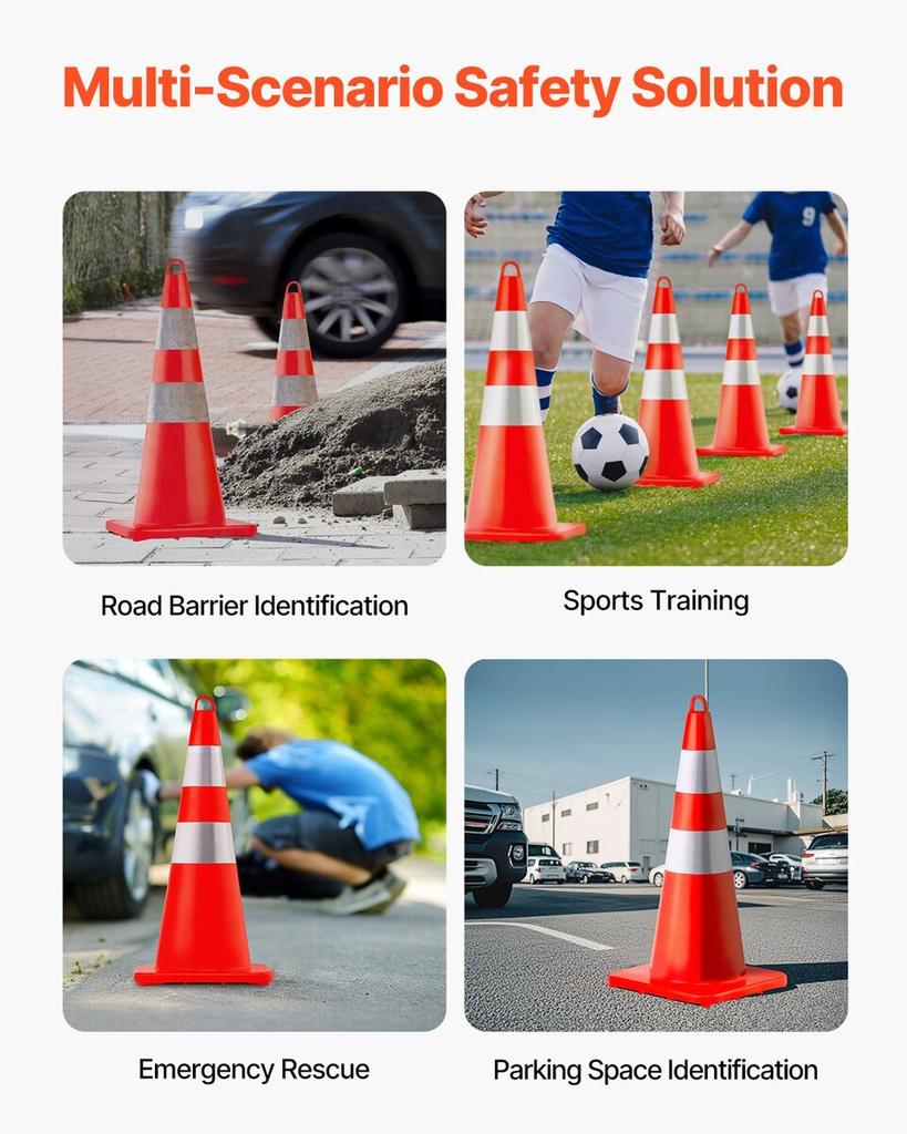 Safety Cones Traffic Cones 12 x 28" Orange Reflective Collars Road Cones