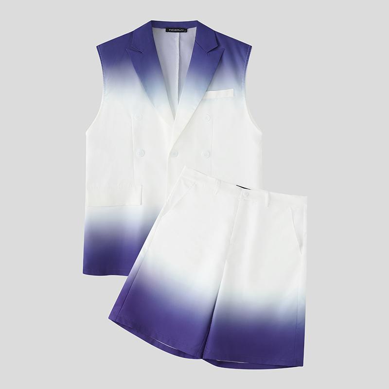 

INCERUN Two Pieces Men Sleeveless Gradient Thin Waistcoat and Loose Shorts Outfits Sets S фиолетовый