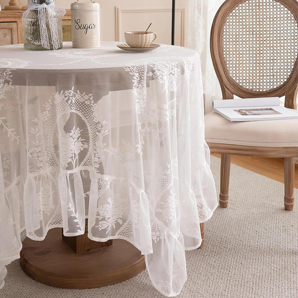 White Lace Square Tablecloth with Flowers, Chic Elegant Overlay Ruffles Table Cloth, French Vintage Embroidered Table Cover Table Protector for